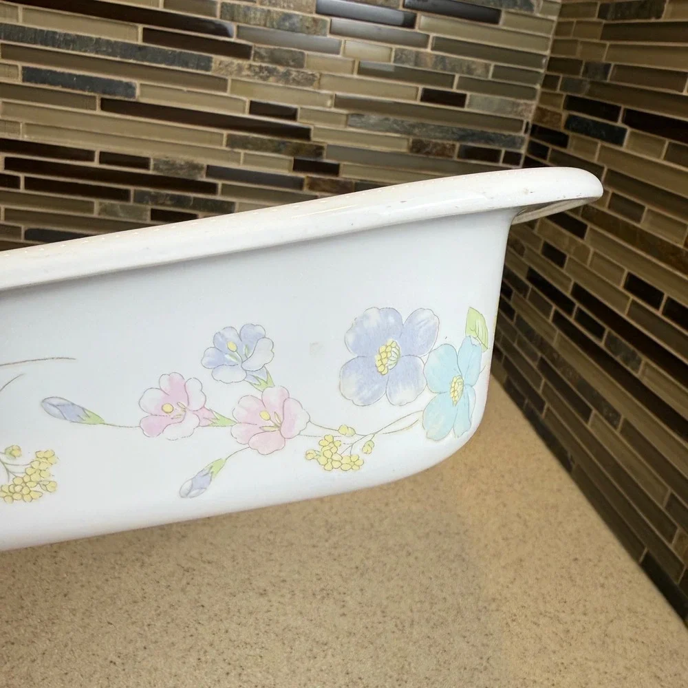 Vintage Corning Ware A-21 Pastel Bouquet Lasagna Roaster 12x10 w/ Wicker Basket